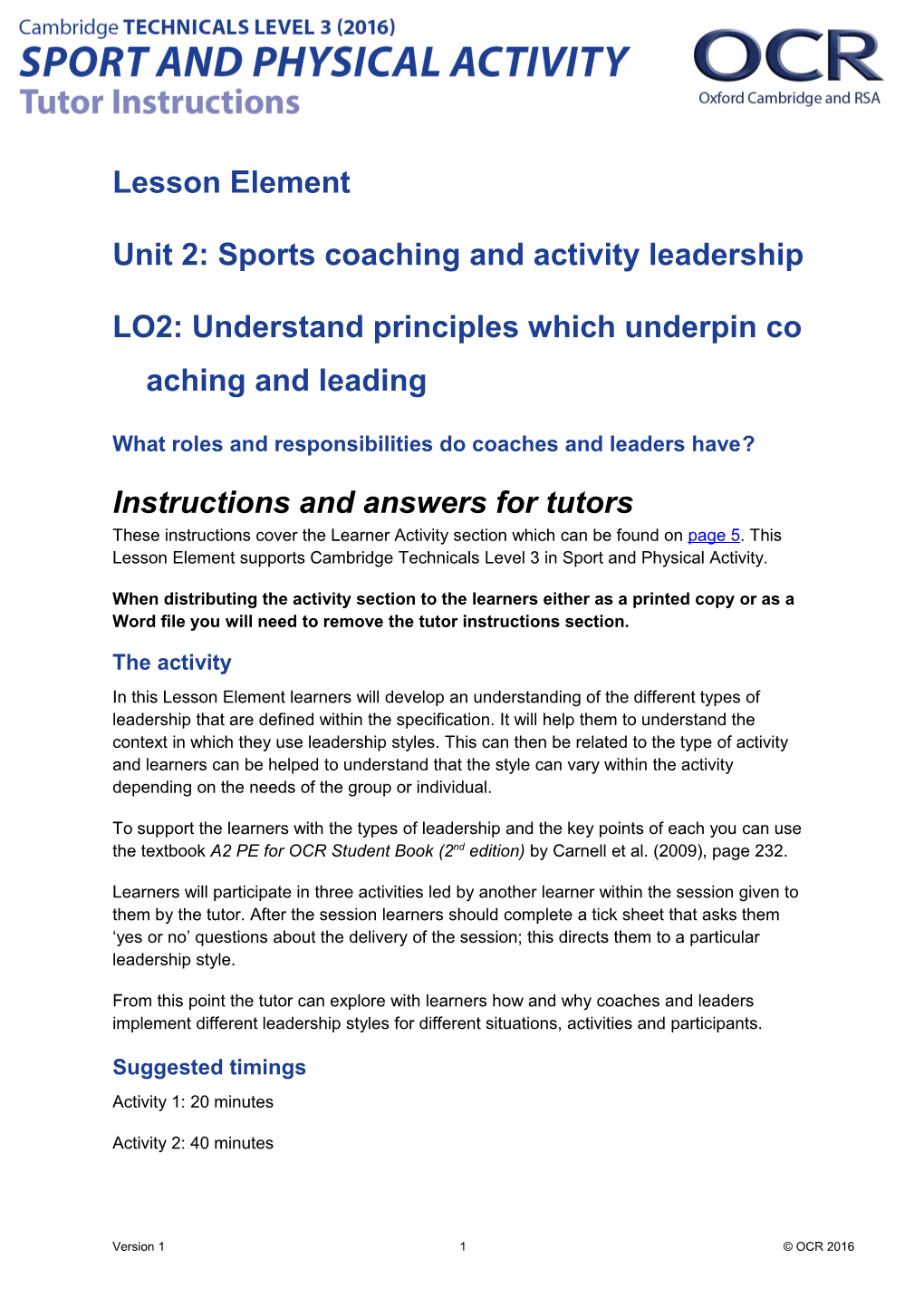 Cambridge Technicals Level 3 Sport and Physical Activity U02 Lesson Element 1