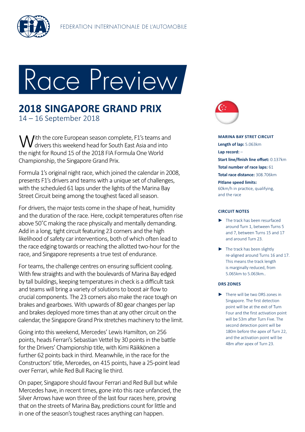 2018 SINGAPORE GRAND PRIX 14 – 16 September 2018
