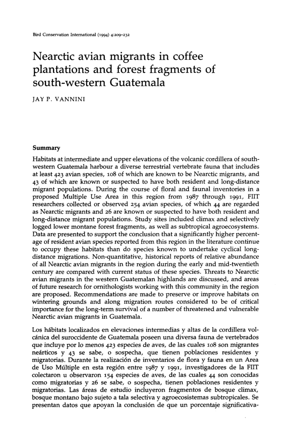 Nearctic Avian Migrants in Coffee Plantations and Forest Fragments of South-Western Guatemala