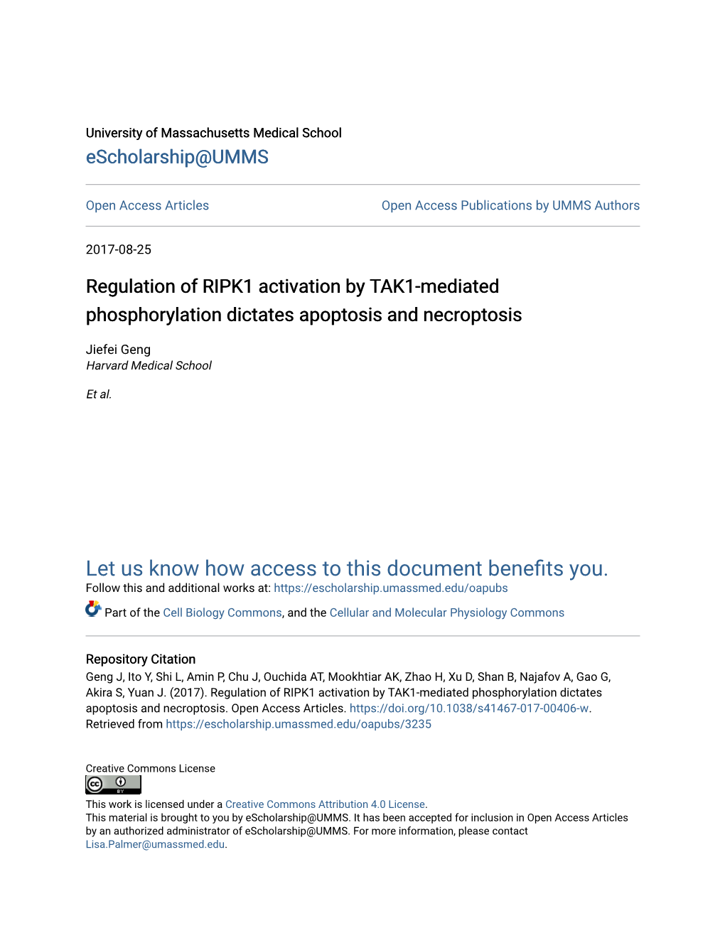 Regulation of RIPK1 Activation by TAK1-Mediated Phosphorylation Dictates Apoptosis and Necroptosis