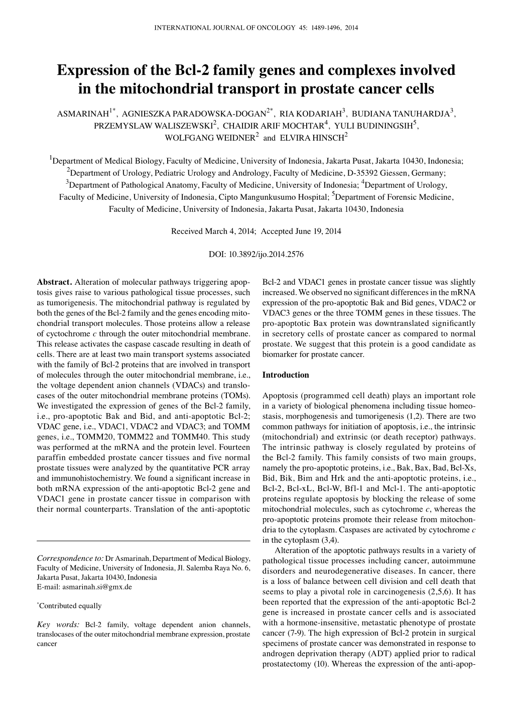 Expression of the Bcl-2 Family Genes and Complexes Involved in the Mitochondrial Transport in Prostate Cancer Cells