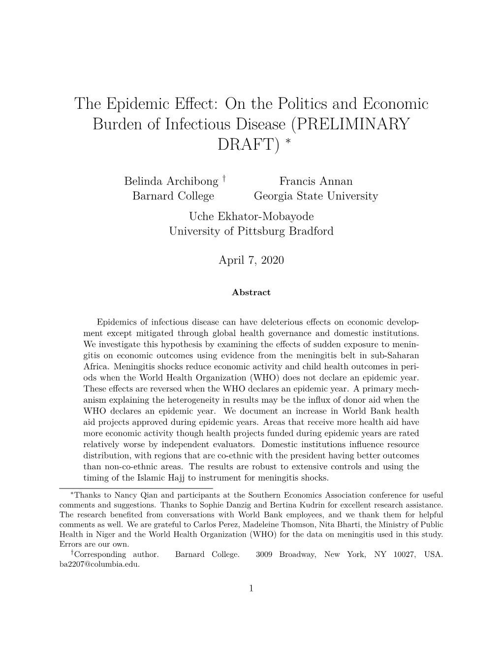 On the Politics and Economic Burden of Infectious Disease (PRELIMINARY DRAFT) ∗