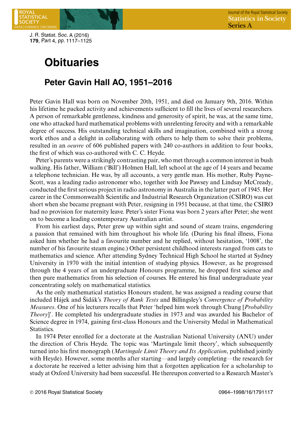 Royal Statistical Society, Obituary for Peter Gavin