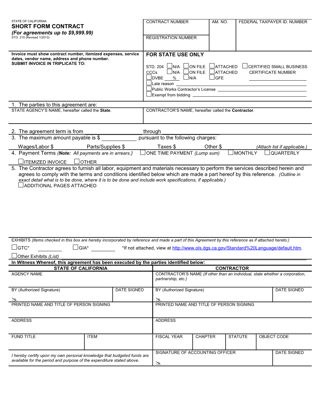 STD 210 - Short Form Contract