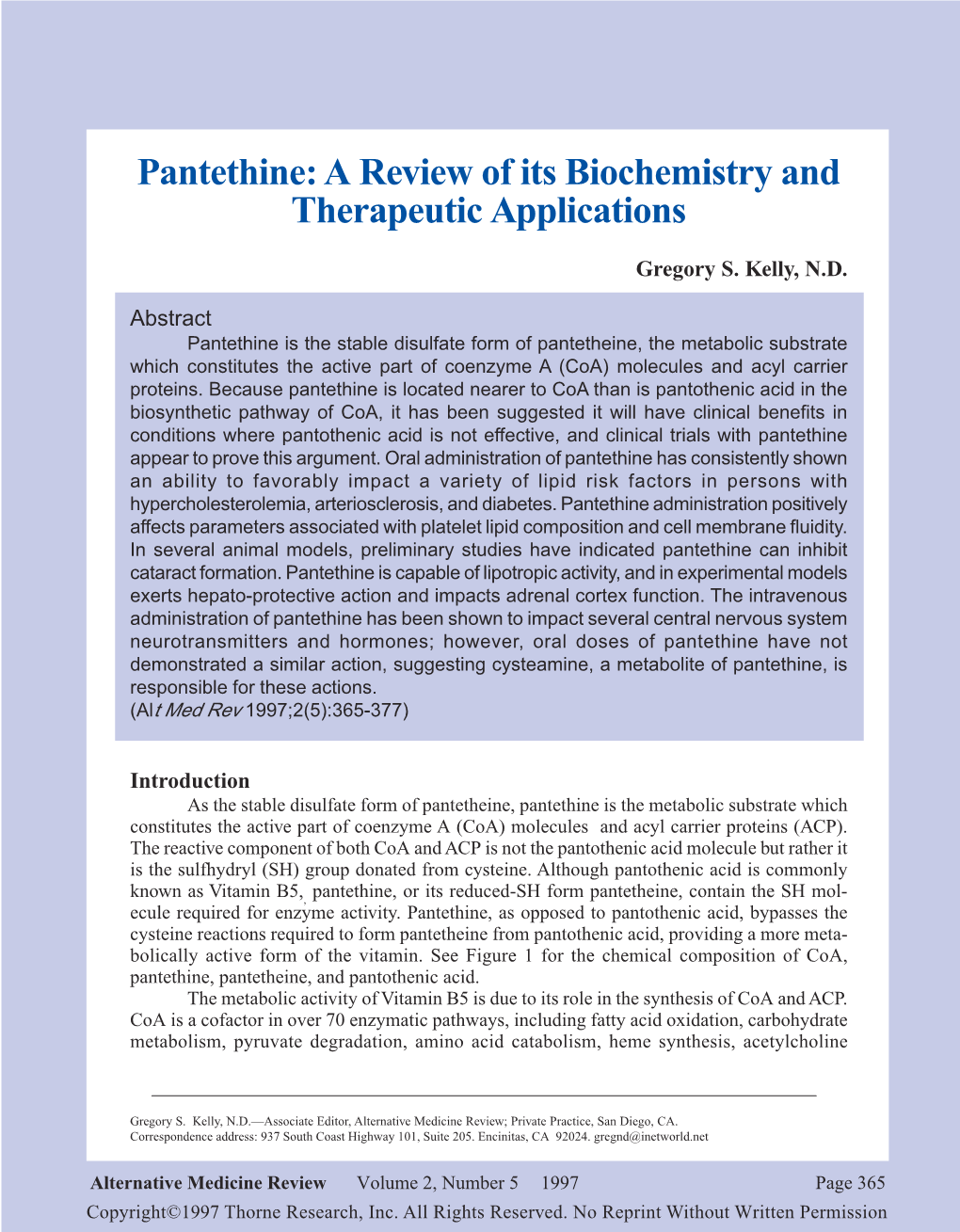 Pantethine: a Review of Its Biochemistry and Therapeutic Applications