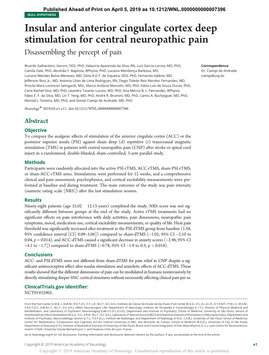 Insular and Anterior Cingulate Cortex Deep Stimulation for Central Neuropathic Pain Disassembling the Percept of Pain