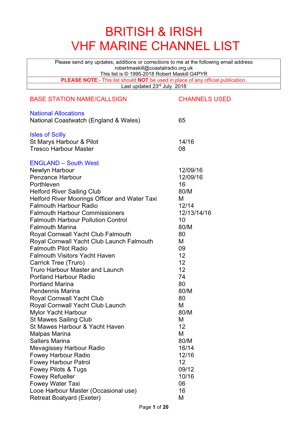 Vhf Marine Channel List