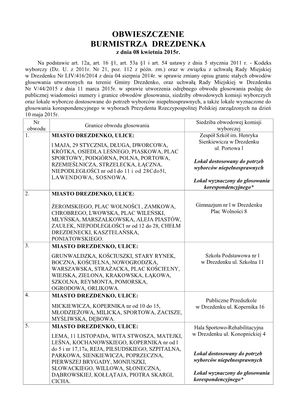 OBWIESZCZENIE BURMISTRZA DREZDENKA Z Dnia 08 Kwietnia 2015R