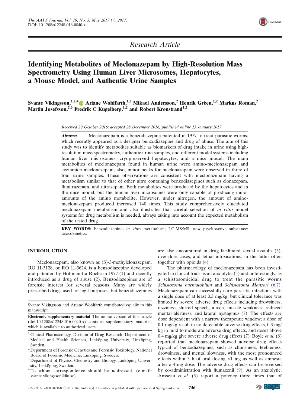 Identifying Metabolites of Meclonazepam by High-Resolution Mass Spectrometry Using Human Liver Microsomes, Hepatocytes, a Mouse Model, and Authentic Urine Samples