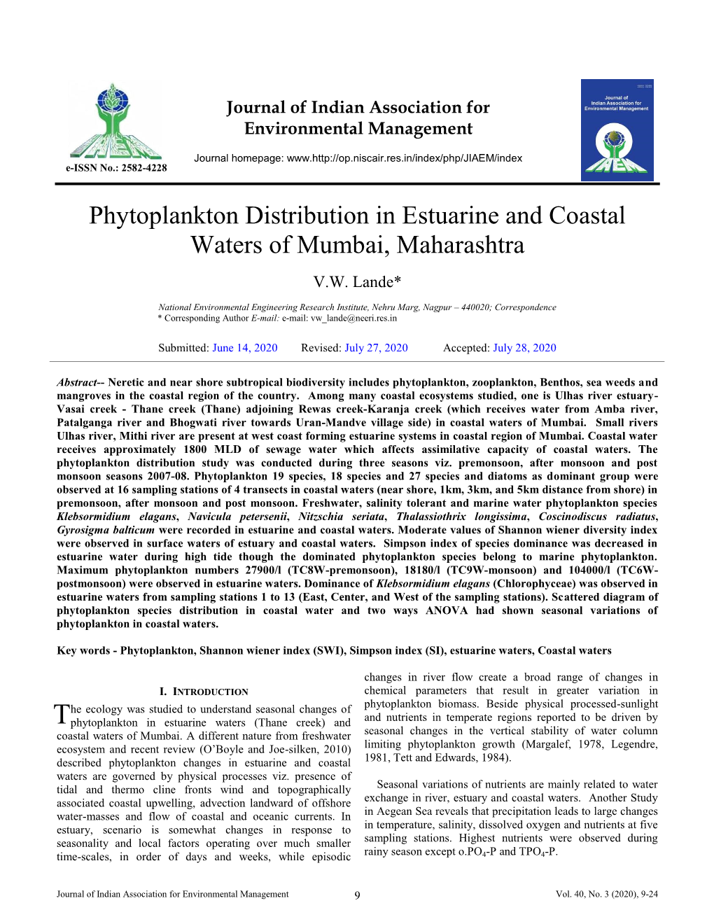 Phytoplankton Distribution in Estuarine and Coastal Waters of Mumbai, Maharashtra