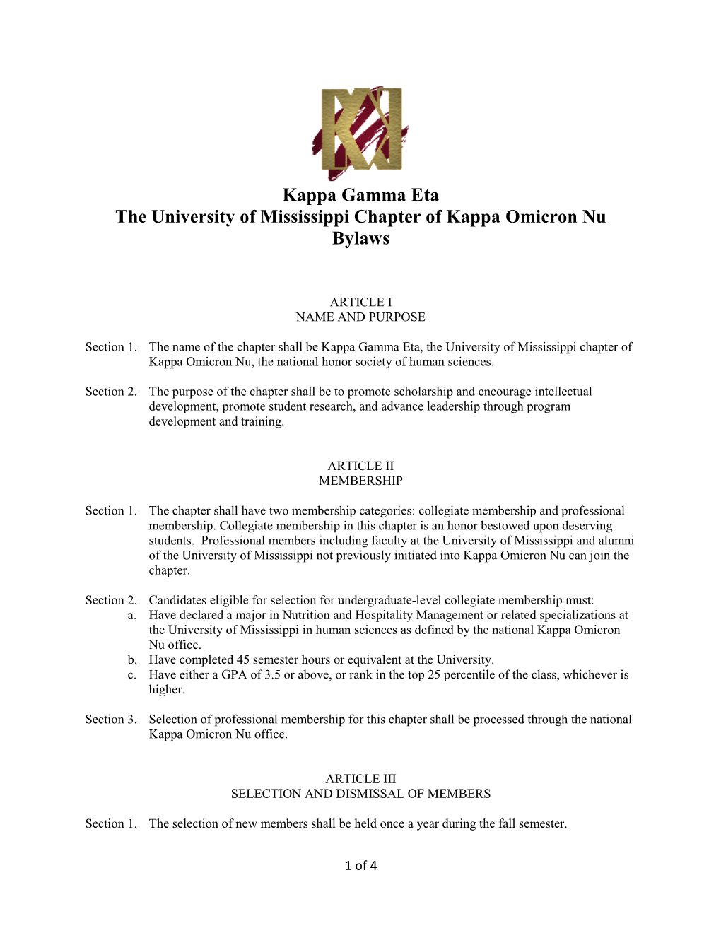 Kappa Gamma Eta the University of Mississippi Chapter of Kappa Omicron Nu Bylaws