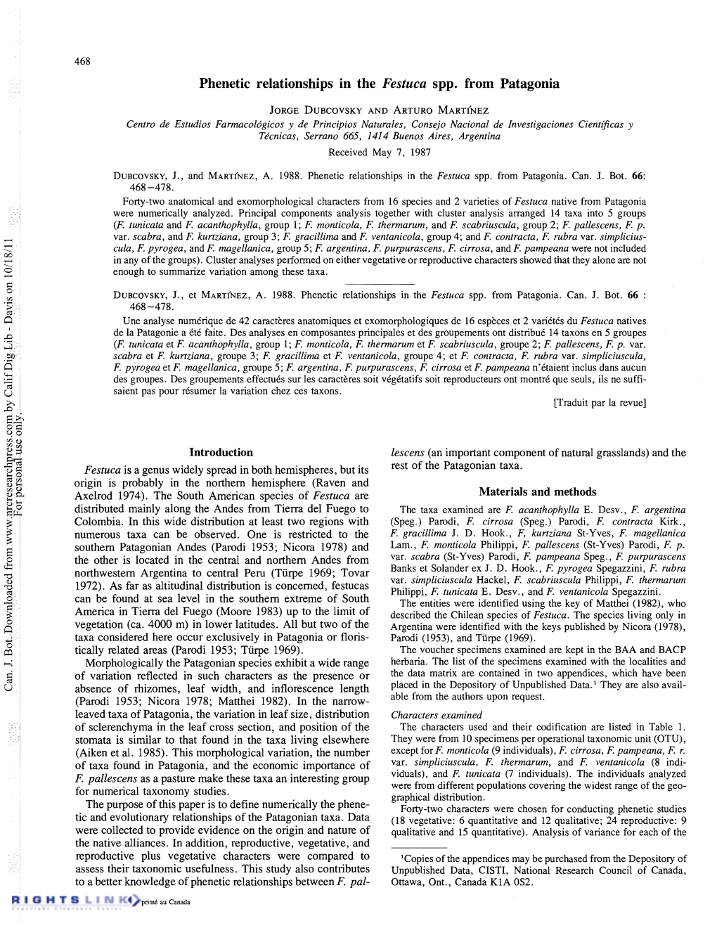 Phenetic Relationships in the Festuca Spp. from Patagonia