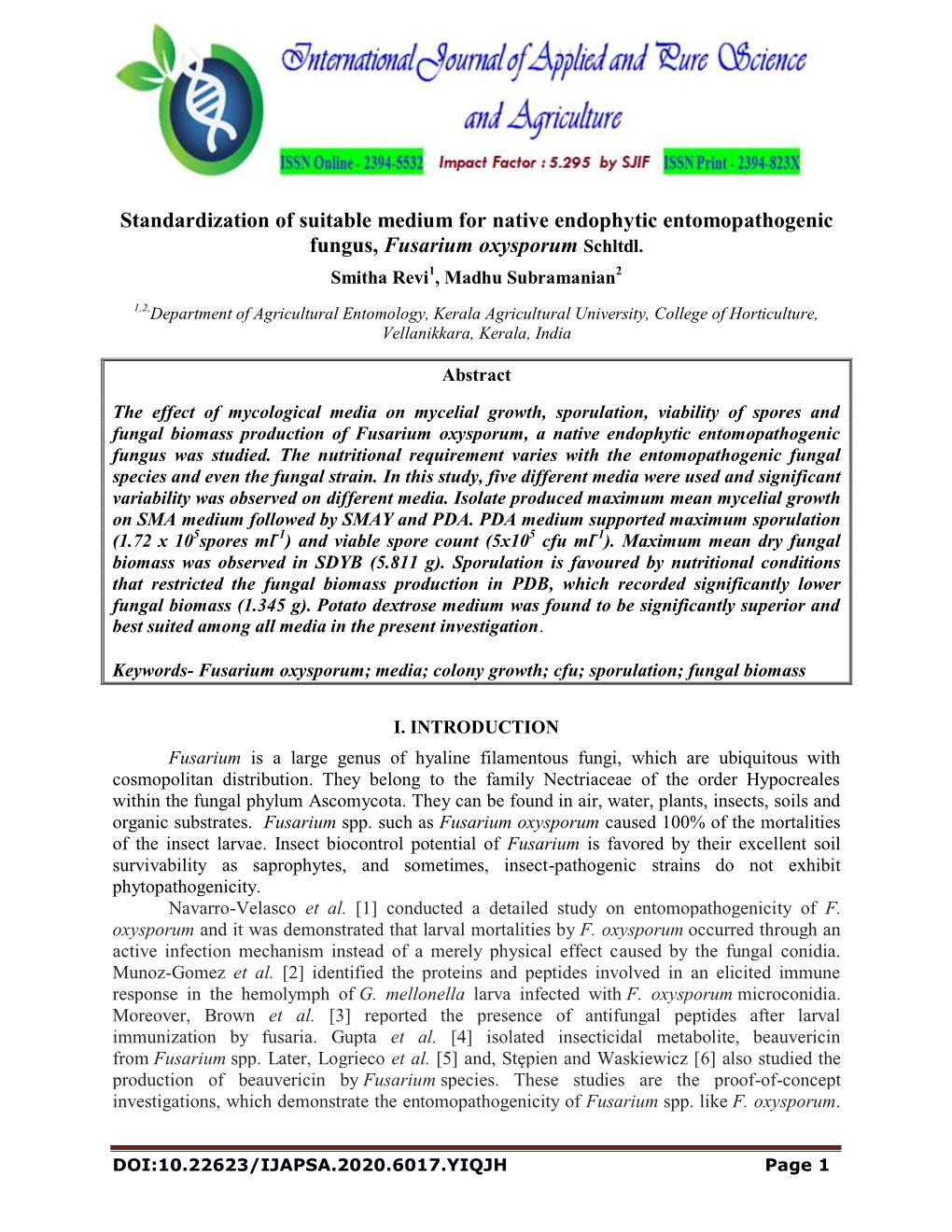 Standardization of Suitable Medium for Native Endophytic Entomopathogenic Fungus, Fusarium Oxysporum Schltdl
