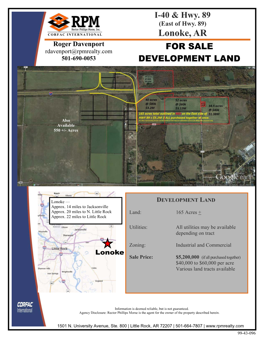 Lonoke, AR Roger Davenport Rdavenport@Rpmrealty.Com for SALE 501-690-0053 DEVELOPMENT LAND