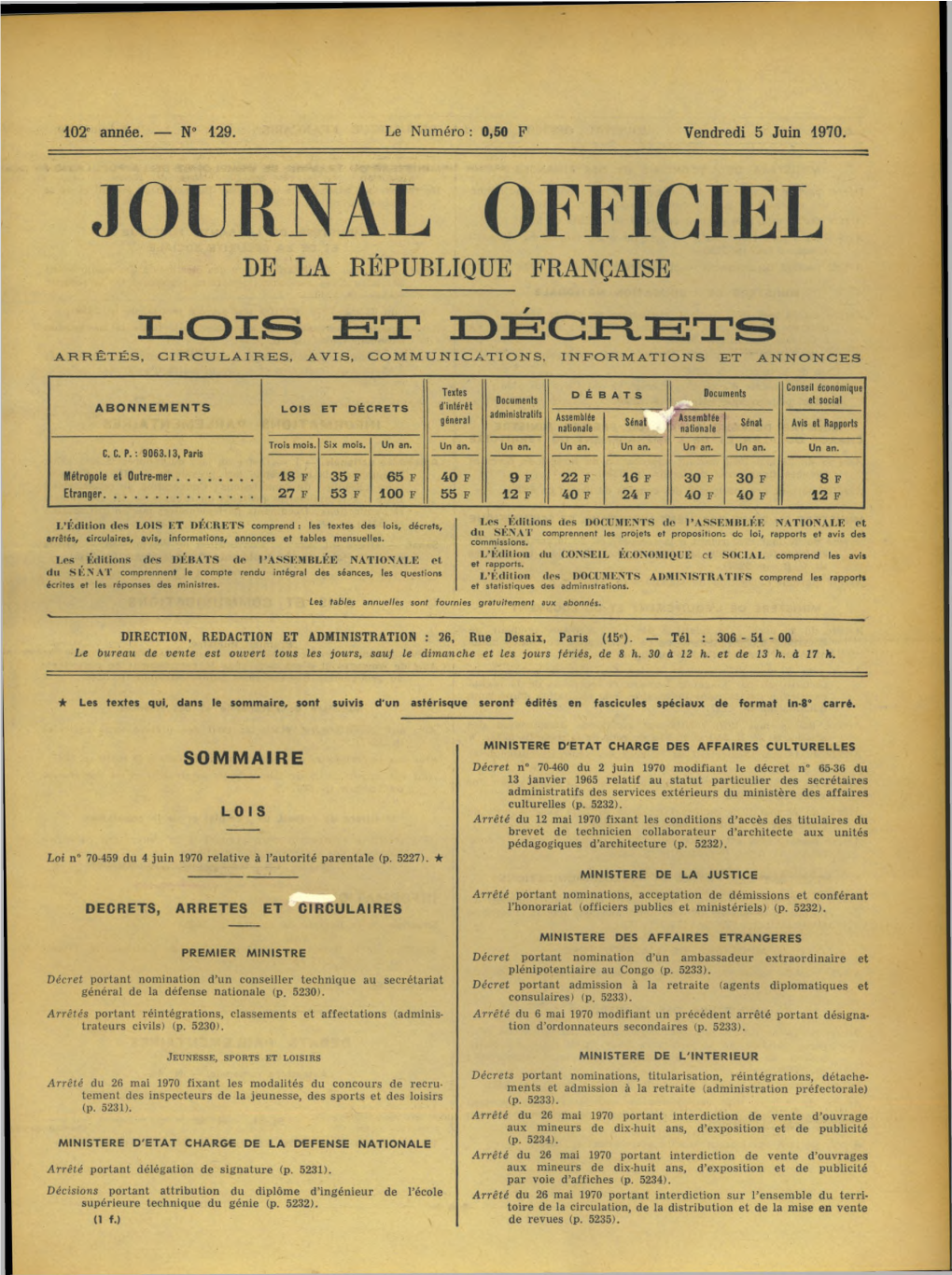 Journal Officiel De La République Française Lois Et Décrets Arrêtés, Circulaires, Avis, Communications, Informations Et Annonces