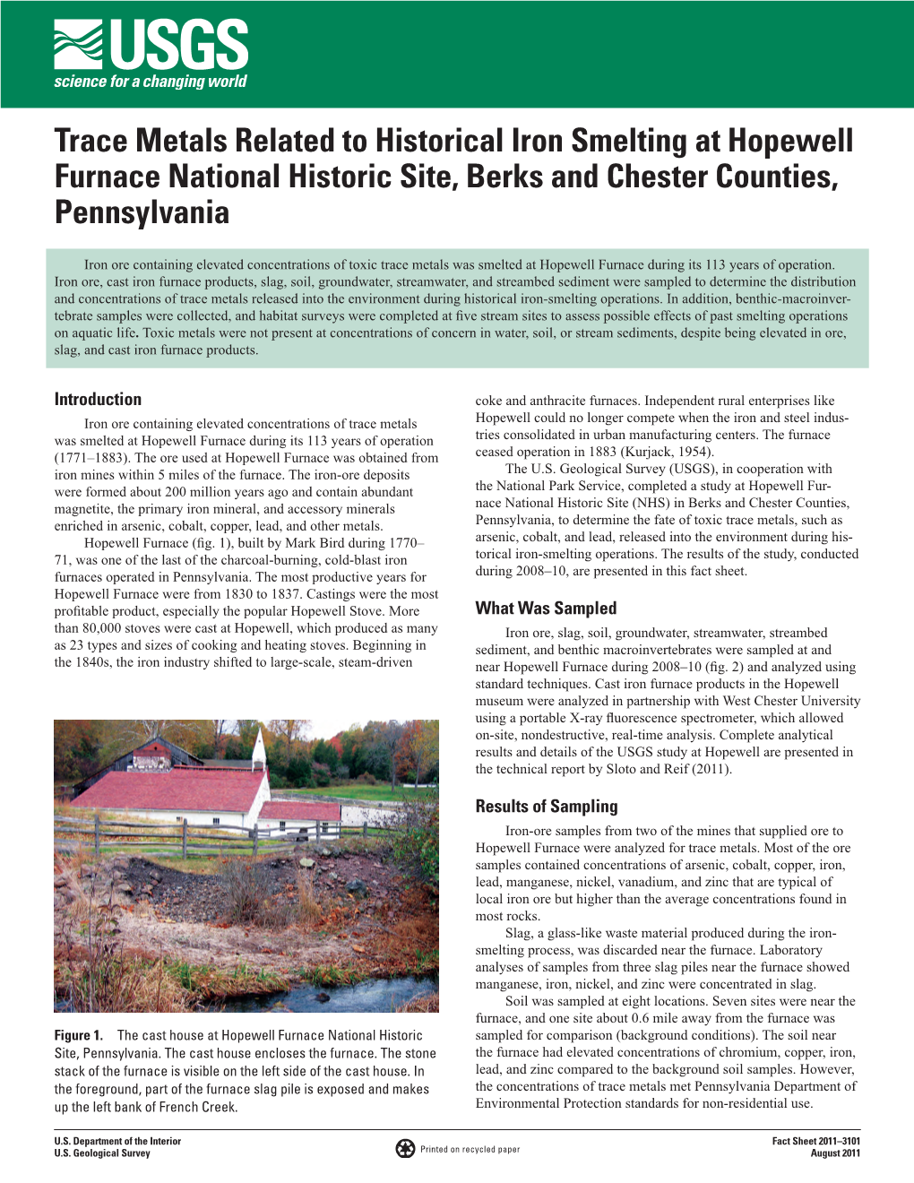 Trace Metals Related to Historical Iron Smelting at Hopewell Furnace National Historic Site, Berks and Chester Counties, Pennsylvania