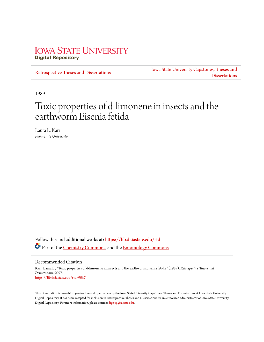 Toxic Properties of D-Limonene in Insects and the Earthworm Eisenia Fetida Laura L