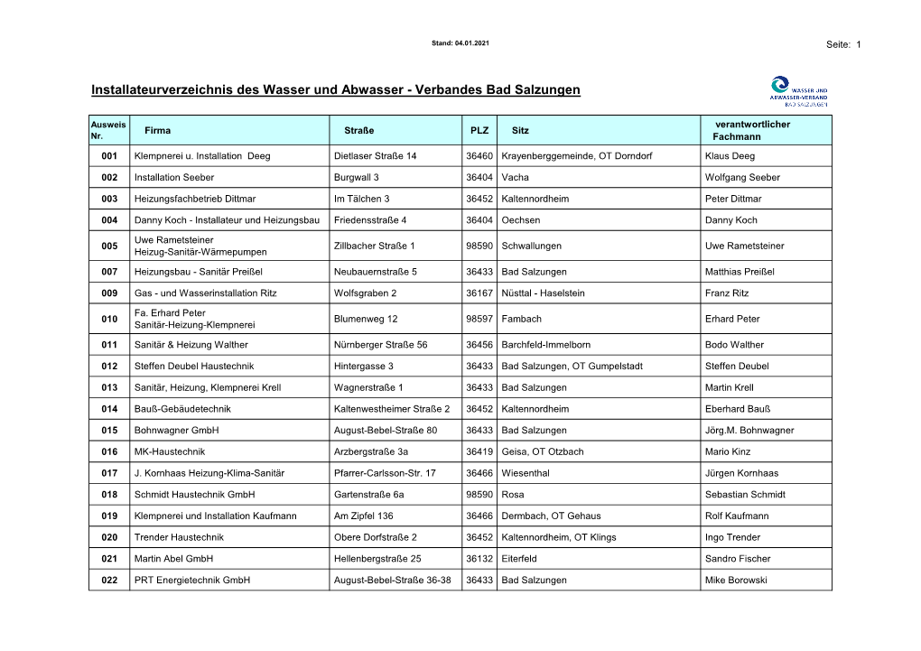 Installateurverzeichnis Des Wasser Und Abwasser - Verbandes Bad Salzungen