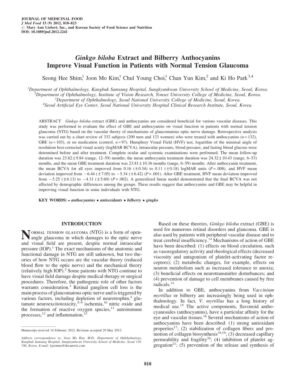 Ginkgo Biloba Extract and Bilberry Anthocyanins Improve Visual Function in Patients with Normal Tension Glaucoma