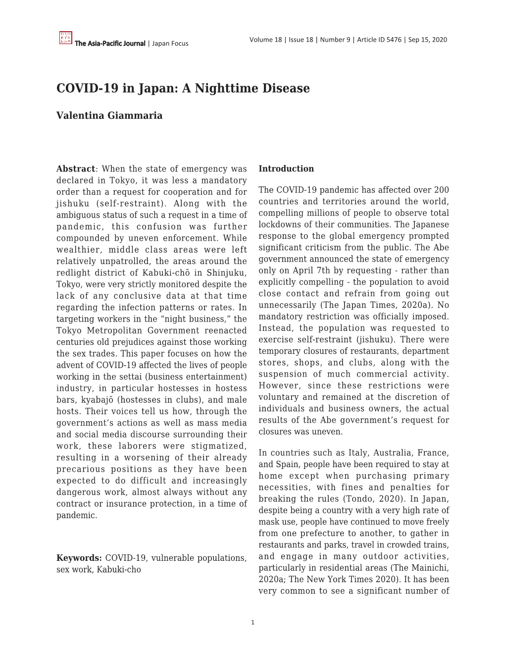 COVID-19 in Japan: a Nighttime Disease