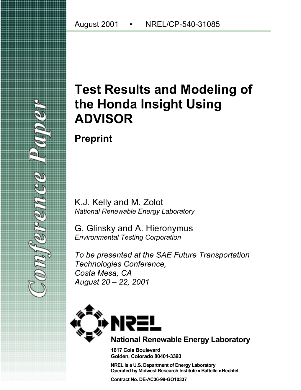 Test Results and Modeling of the Honda Insight Using ADVISOR Preprint