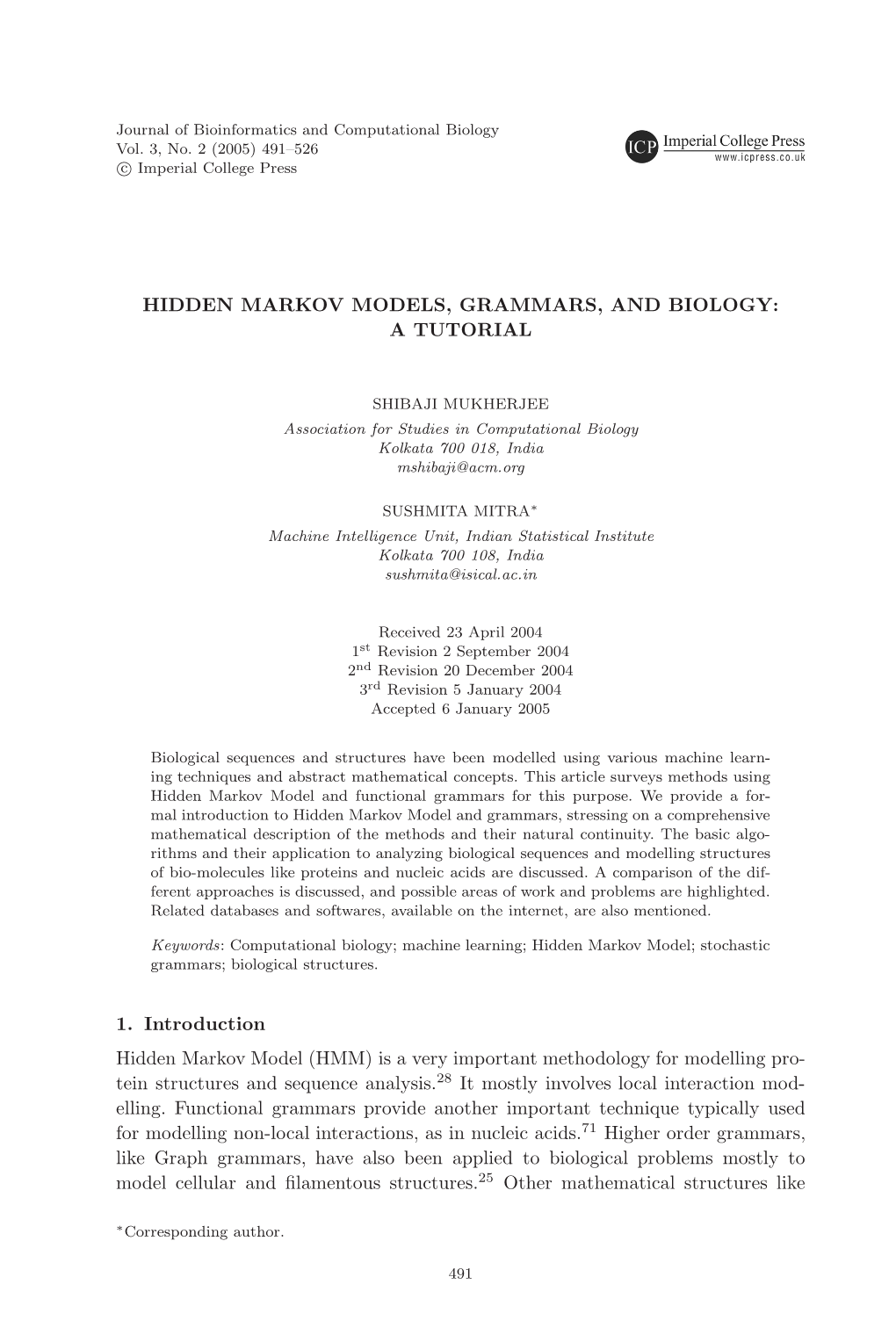 Hidden Markov Models, Grammars, and Biology: a Tutorial 493