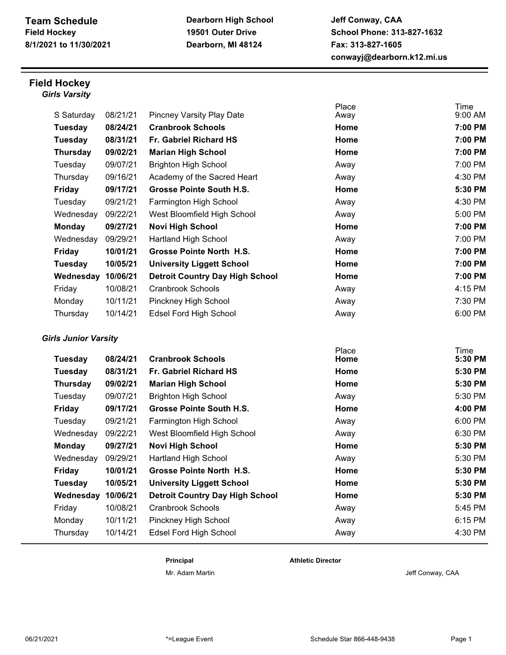 Team Schedule Field Hockey