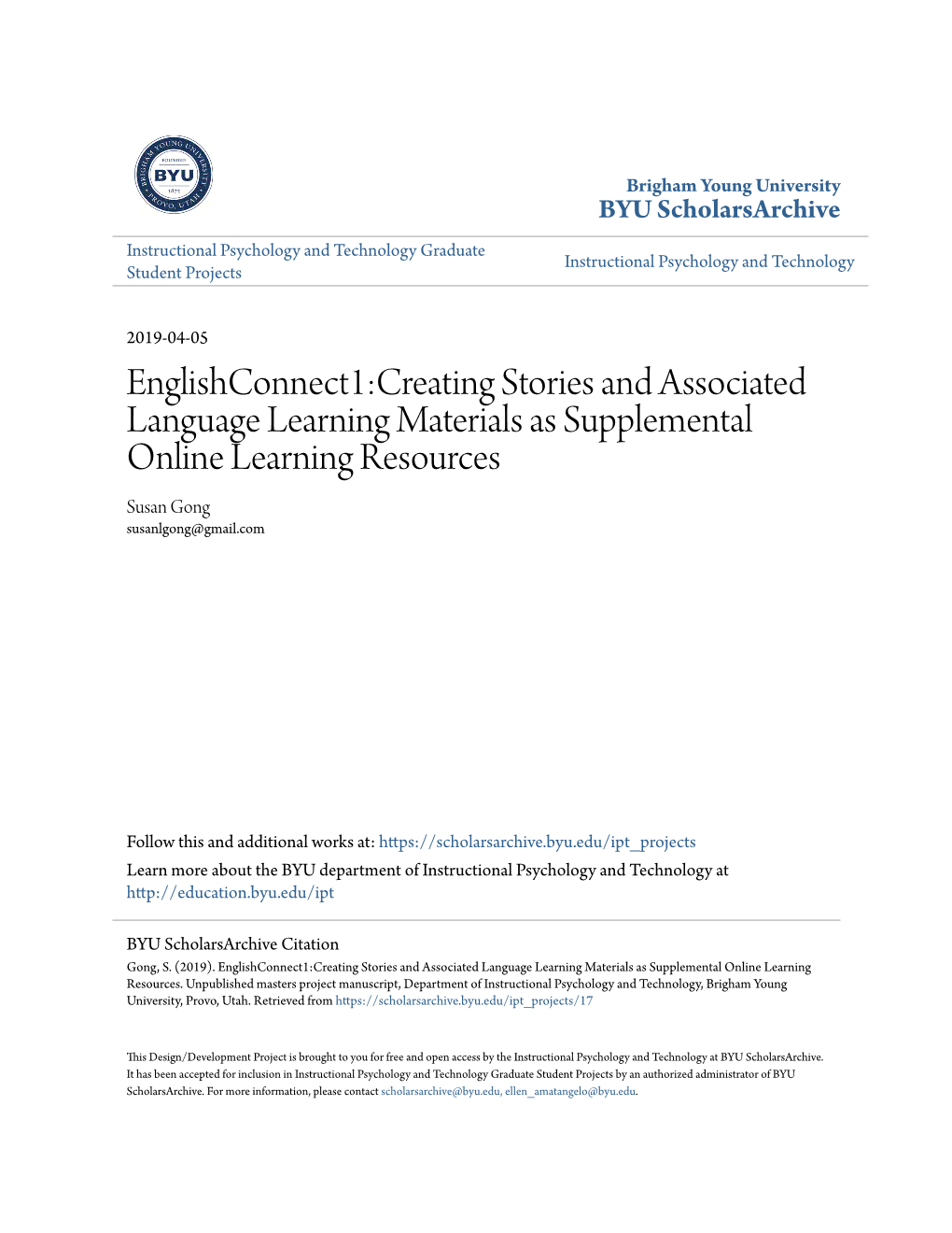 Englishconnect1:Creating Stories and Associated Language Learning Materials As Supplemental Online Learning Resources Susan Gong Susanlgong@Gmail.Com