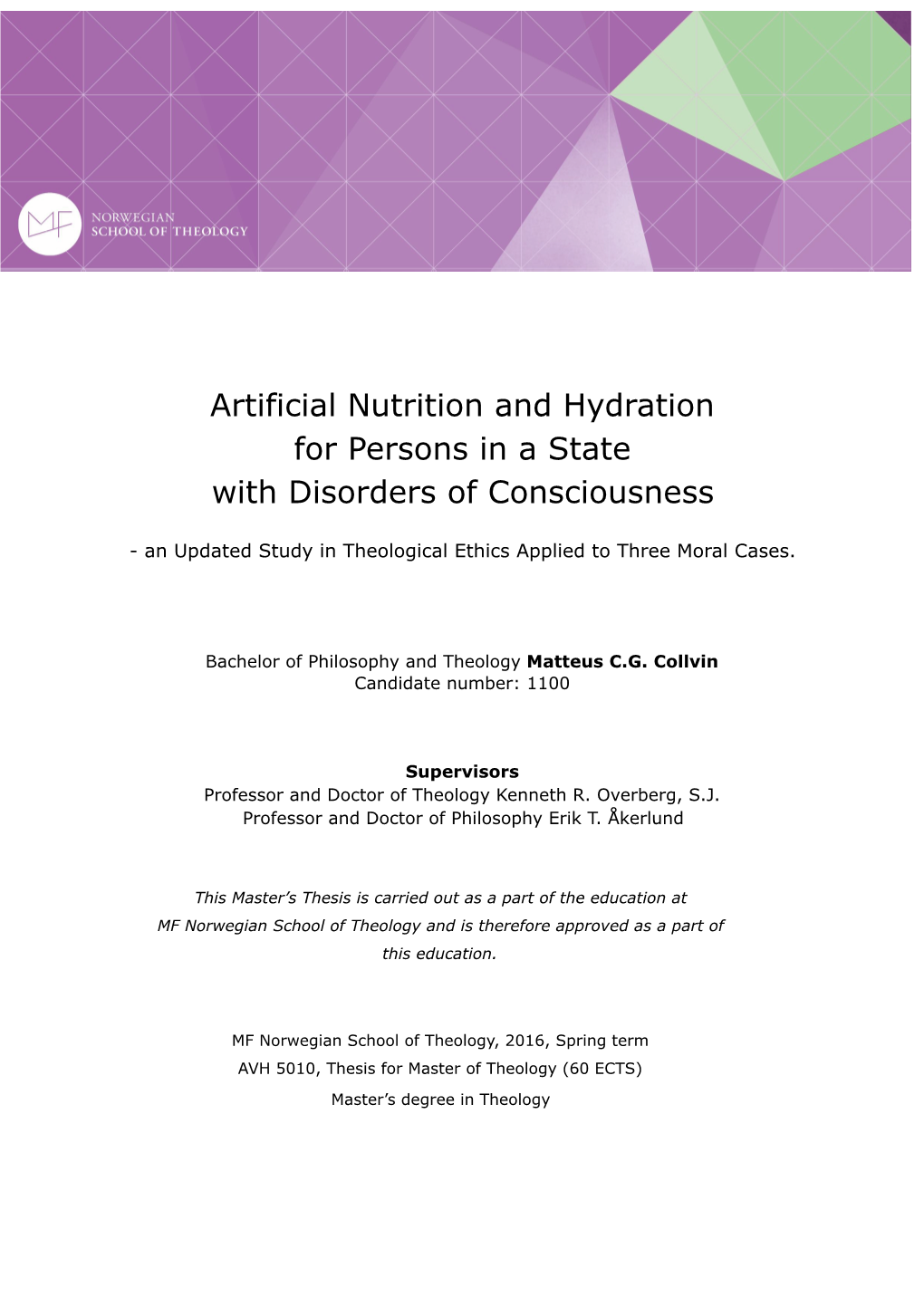 Artificial Nutrition and Hydration for Persons in a State with Disorders of Consciousness