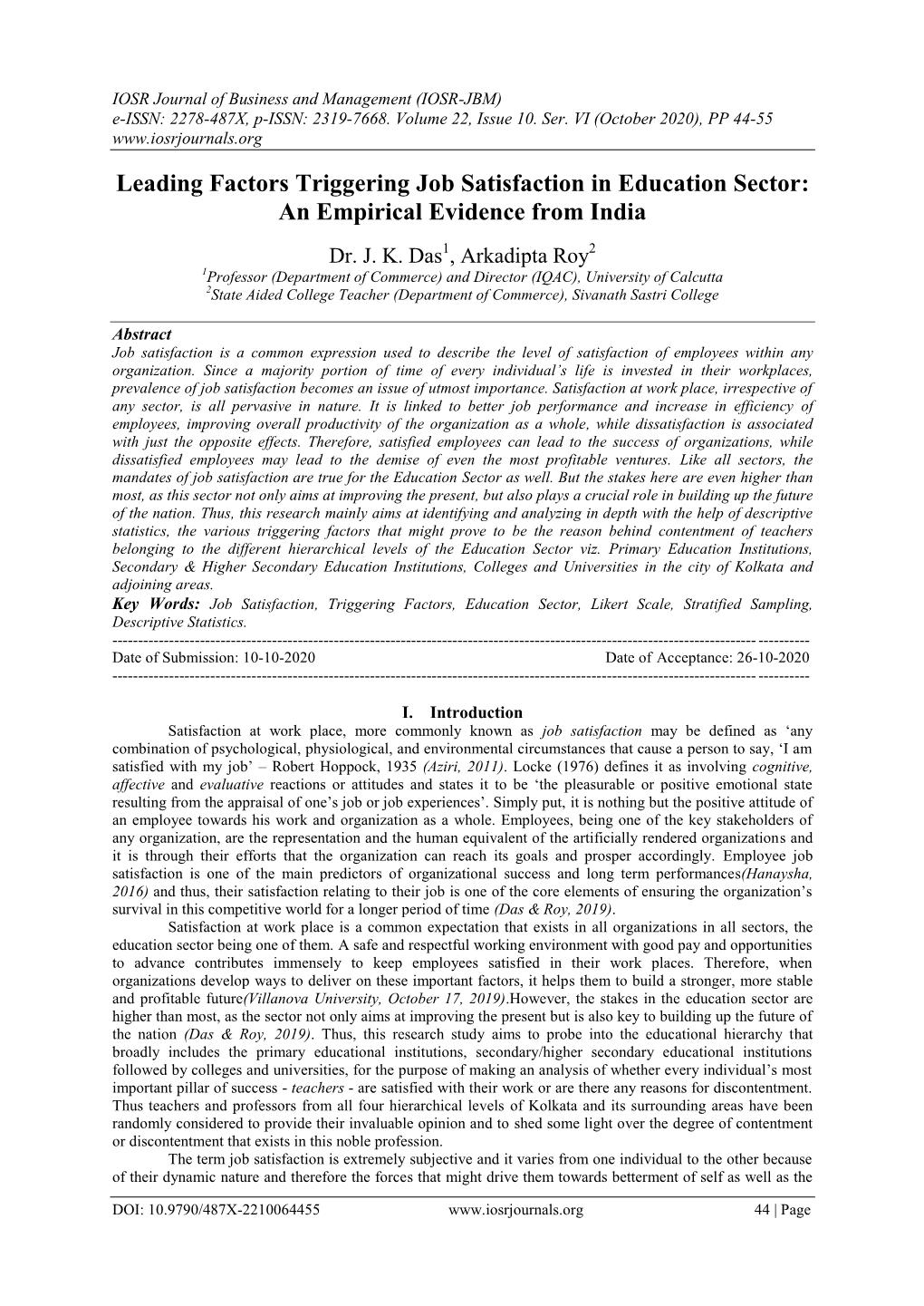 Leading Factors Triggering Job Satisfaction in Education Sector: an Empirical Evidence from India