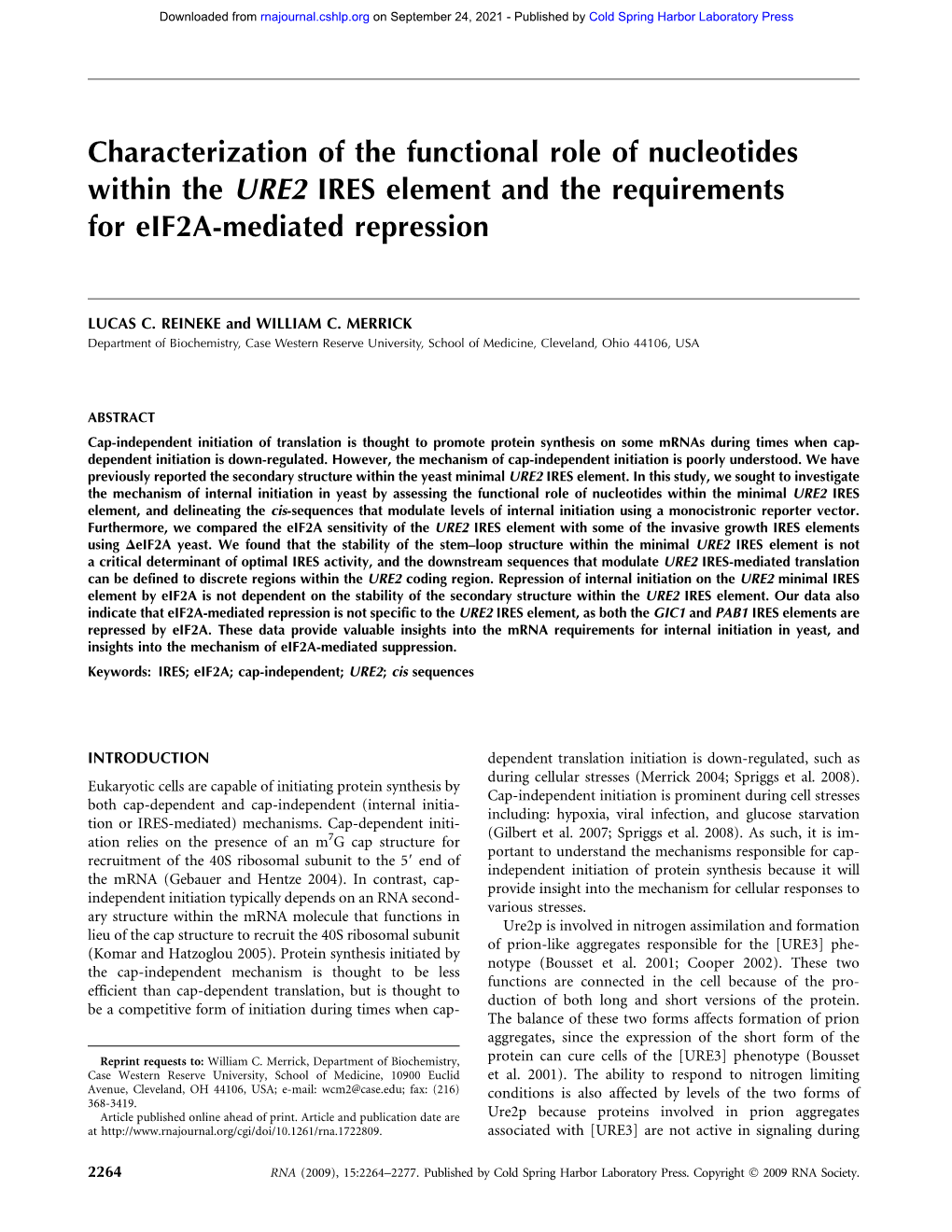 Characterization of the Functional Role of Nucleotides Within the URE2 IRES Element and the Requirements for Eif2a-Mediated Repression