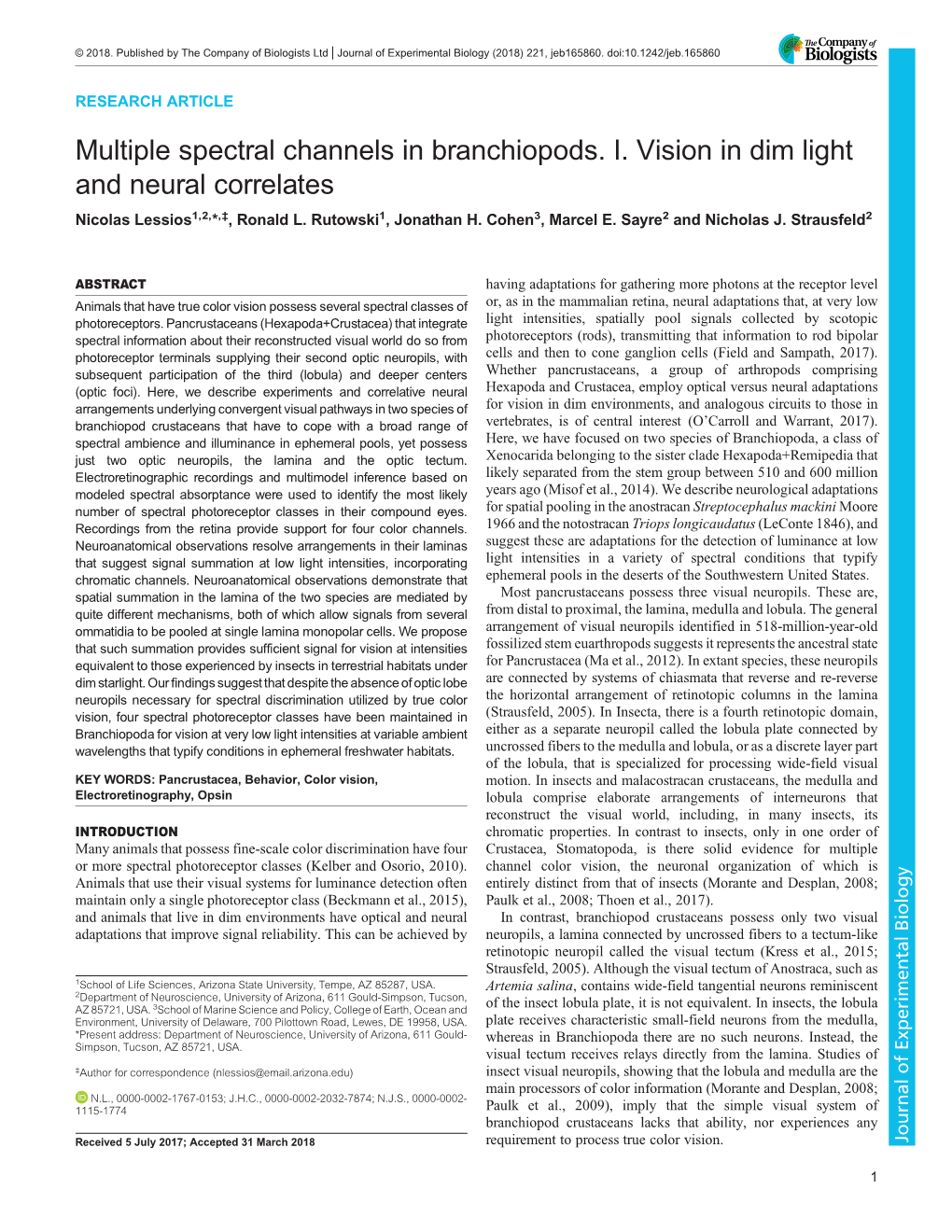 Multiple Spectral Channels in Branchiopods. I. Vision in Dim Light and Neural Correlates Nicolas Lessios1,2,*,‡, Ronald L