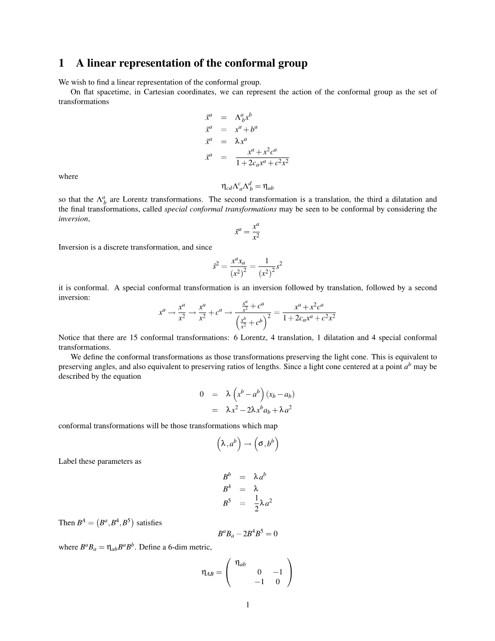 1 a Linear Representation of the Conformal Group