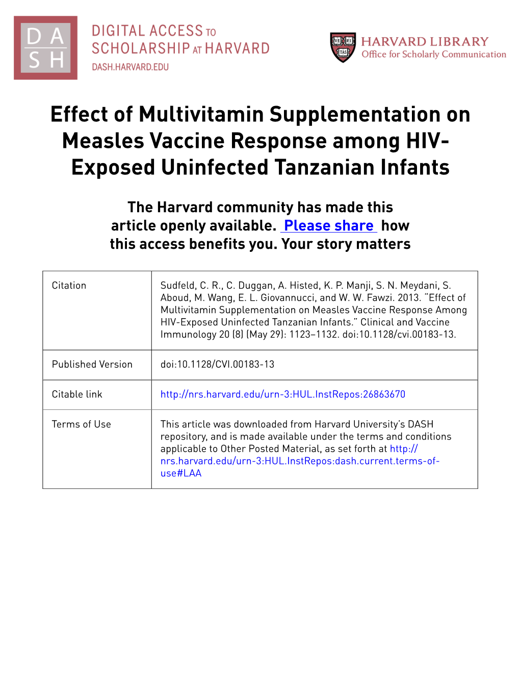 Effect of Multivitamin Supplementation on Measles Vaccine Response Among HIV- Exposed Uninfected Tanzanian Infants