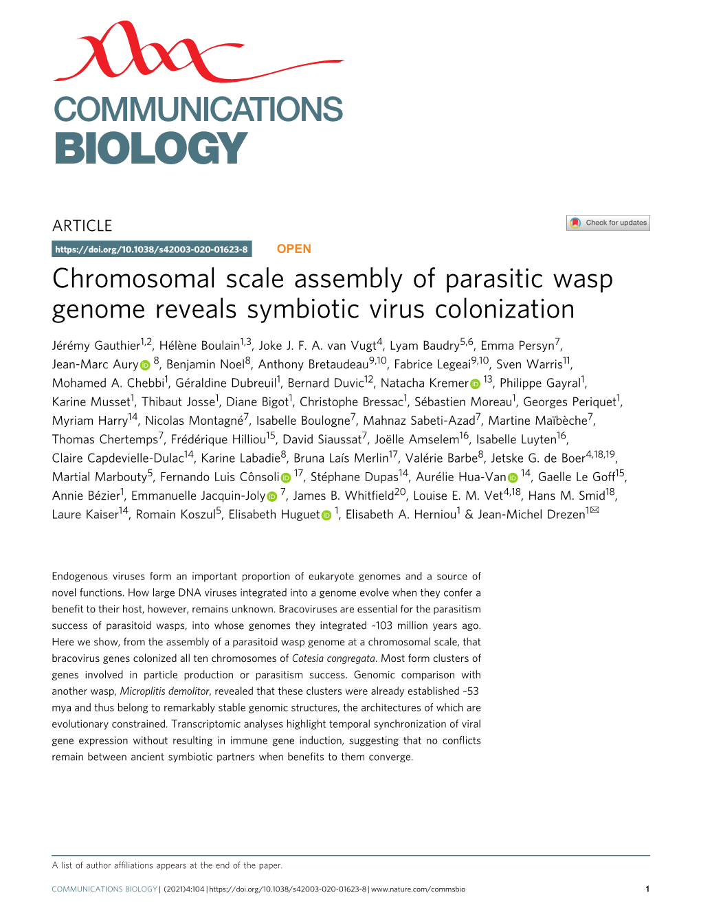 Chromosomal Scale Assembly of Parasitic Wasp Genome Reveals Symbiotic Virus Colonization