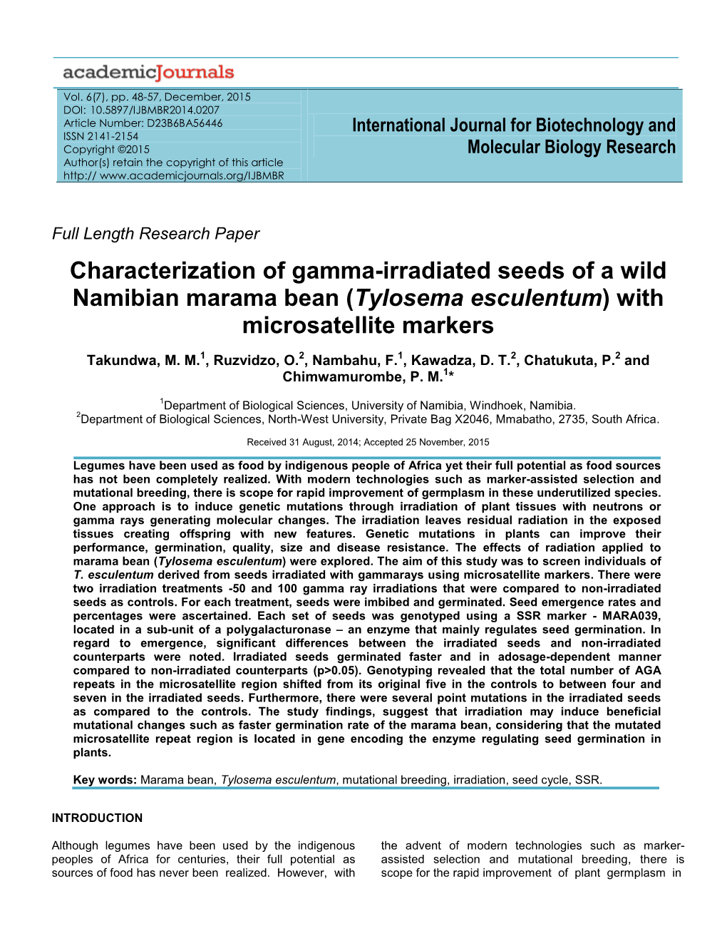 Characterization of Gamma-Irradiated Seeds of a Wild Namibian Marama Bean (Tylosema Esculentum) with Microsatellite Markers