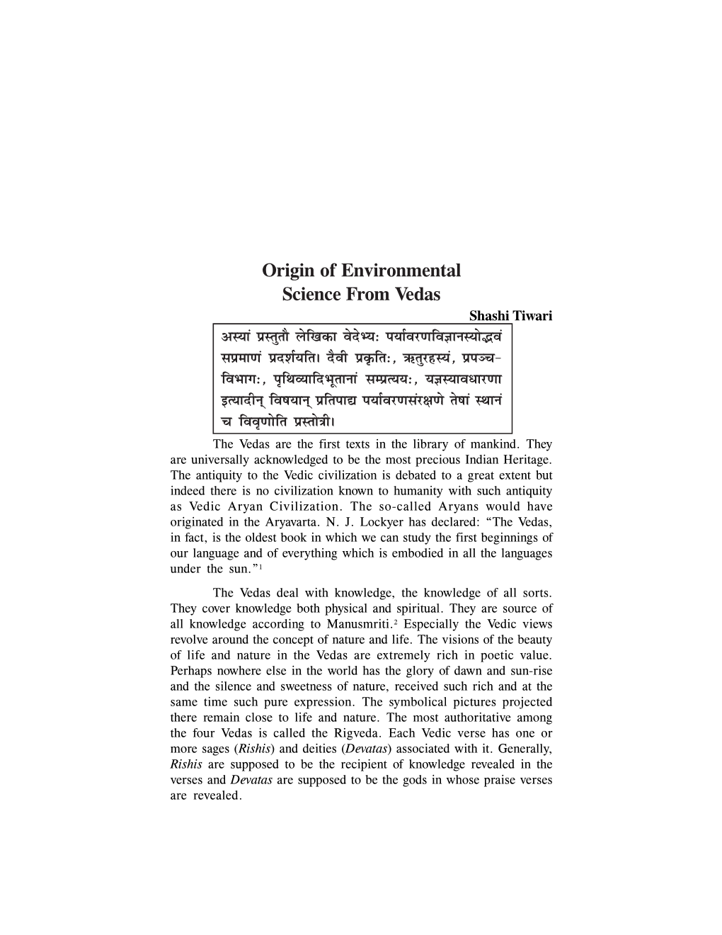 Origin of Environmental Science from Vedas