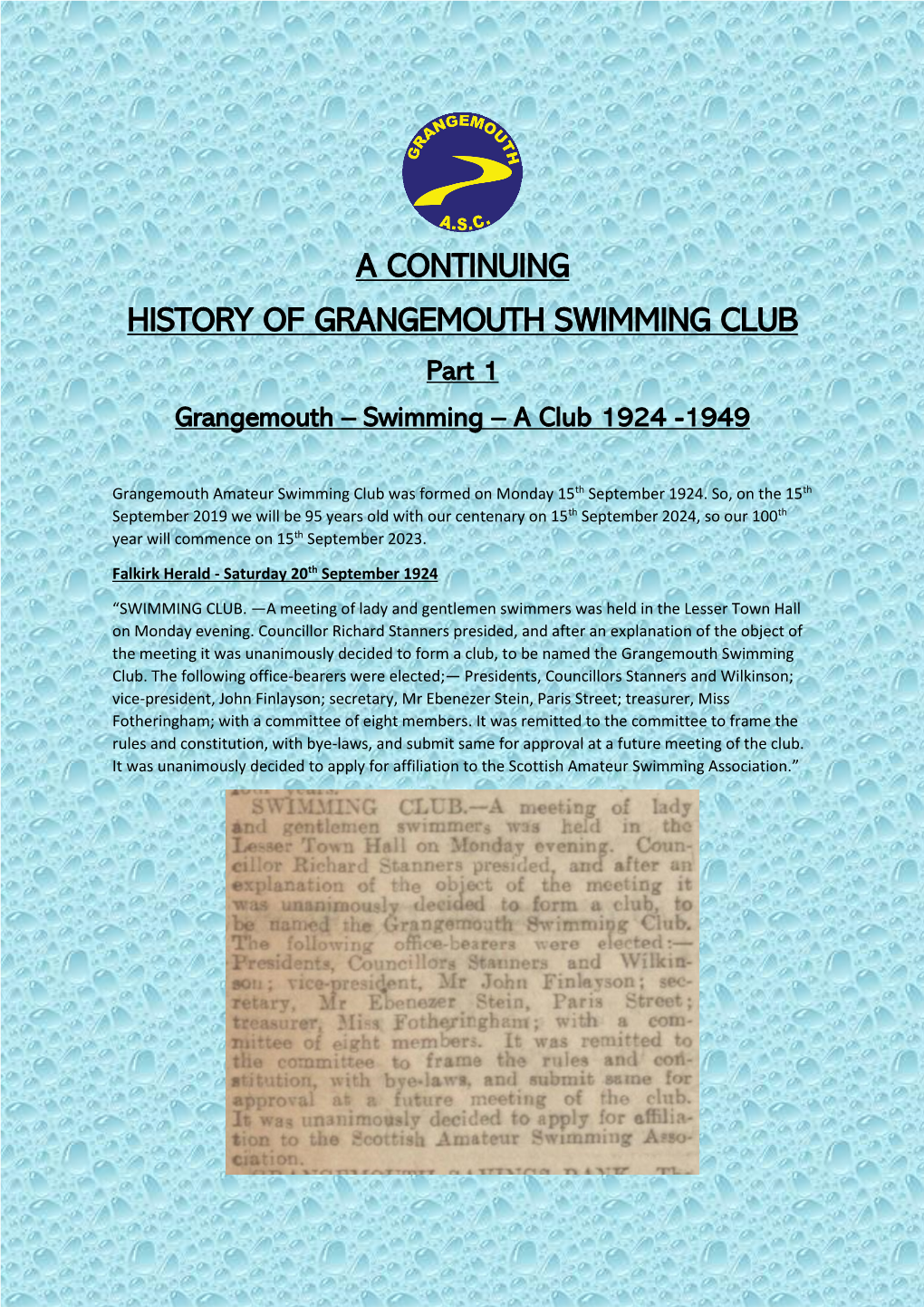 A CONTINUING HISTORY of GRANGEMOUTH SWIMMING CLUB Part 1 Grangemouth – Swimming – a Club 1924 -1949