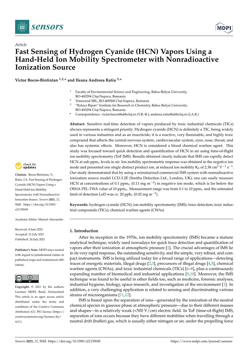 (HCN) Vapors Using a Hand-Held Ion Mobility Spectrometer with Nonradioactive Ionization Source