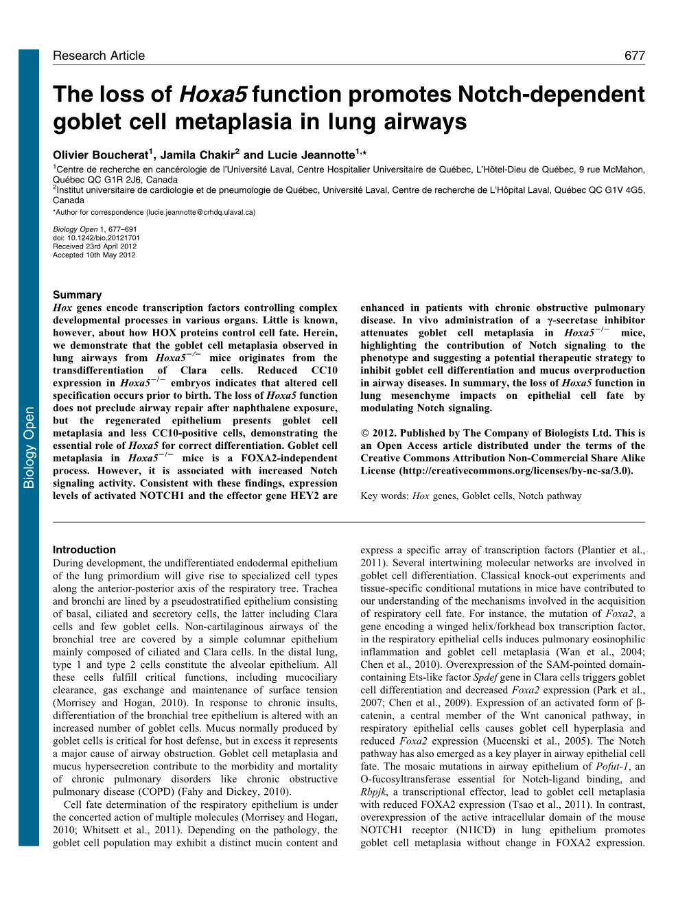 The Loss of Hoxa5 Function Promotes Notch-Dependent Goblet Cell Metaplasia in Lung Airways