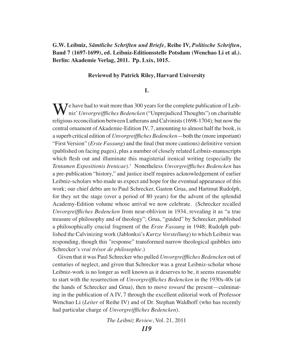 The Leibniz Review, Vol. 21, 2011 GW Leibniz, Sämtliche Schriften Und