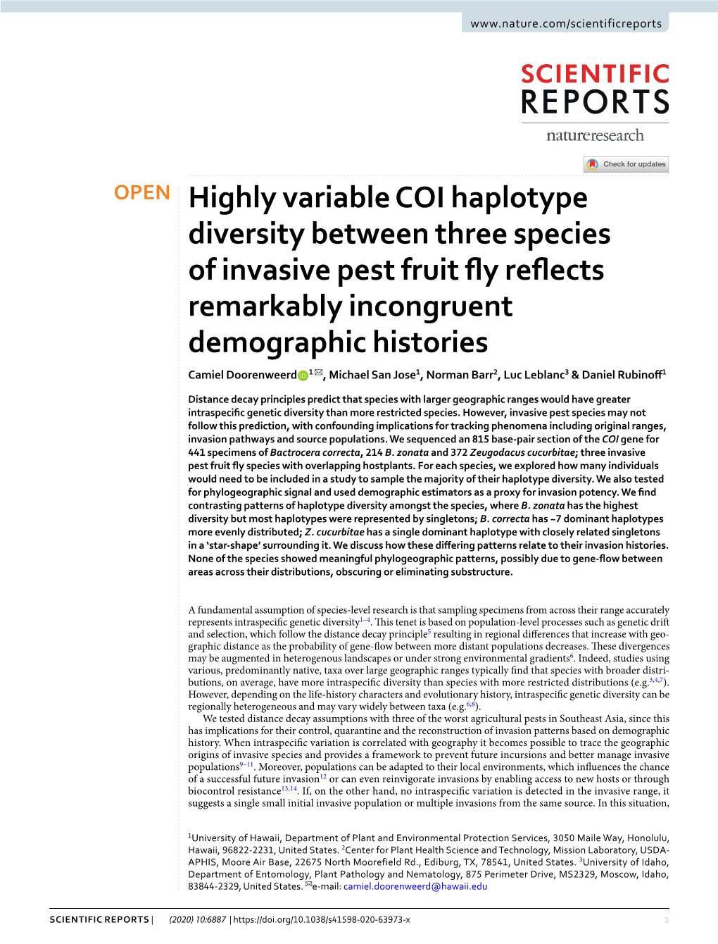 Highly Variable COI Haplotype Diversity Between Three Species Of