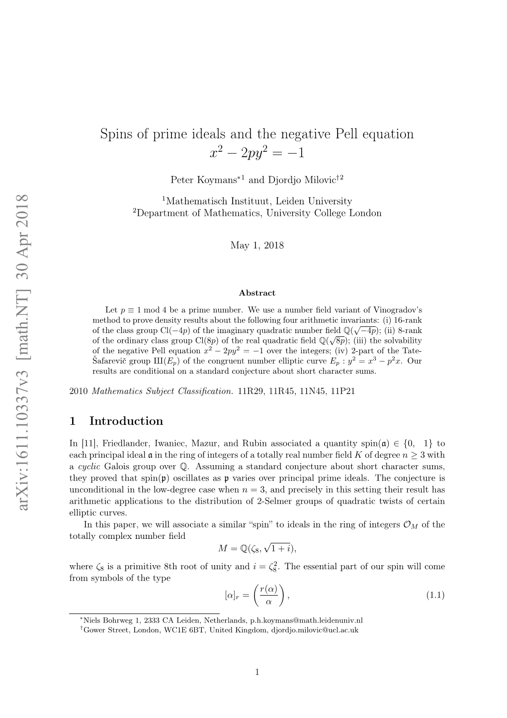 Spins of Prime Ideals and the Negative Pell Equation $ X^ 2-2Py^ 2=-1$