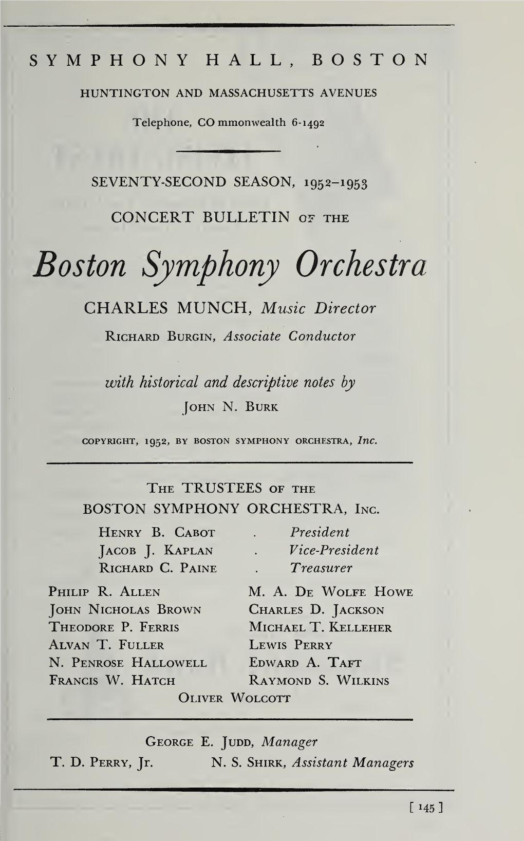 Boston Symphony Orchestra Concert Programs, Season 72, 1952-1953