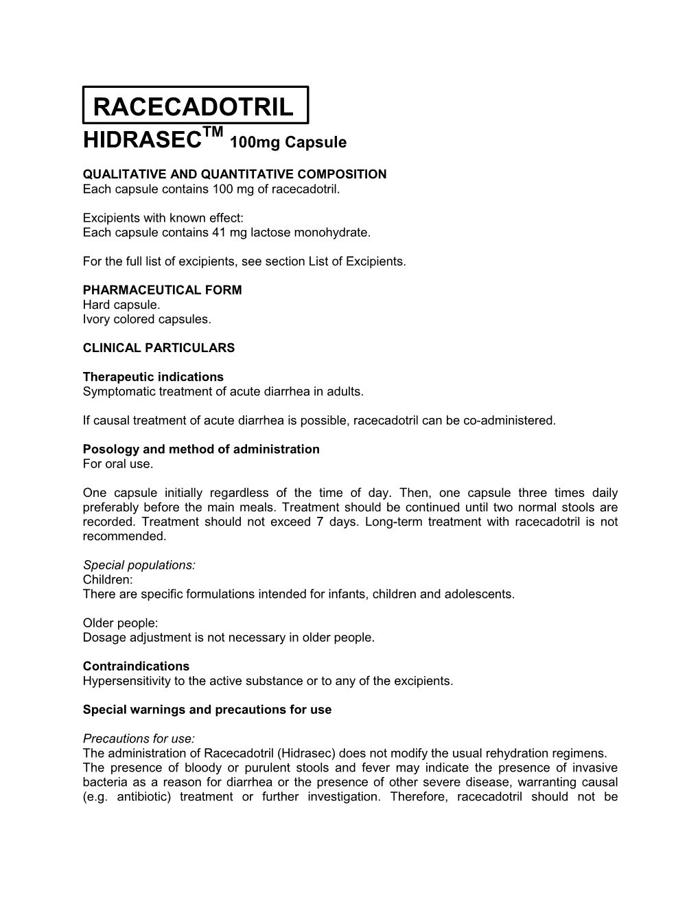 RACECADOTRIL TM HIDRASEC 100Mg Capsule