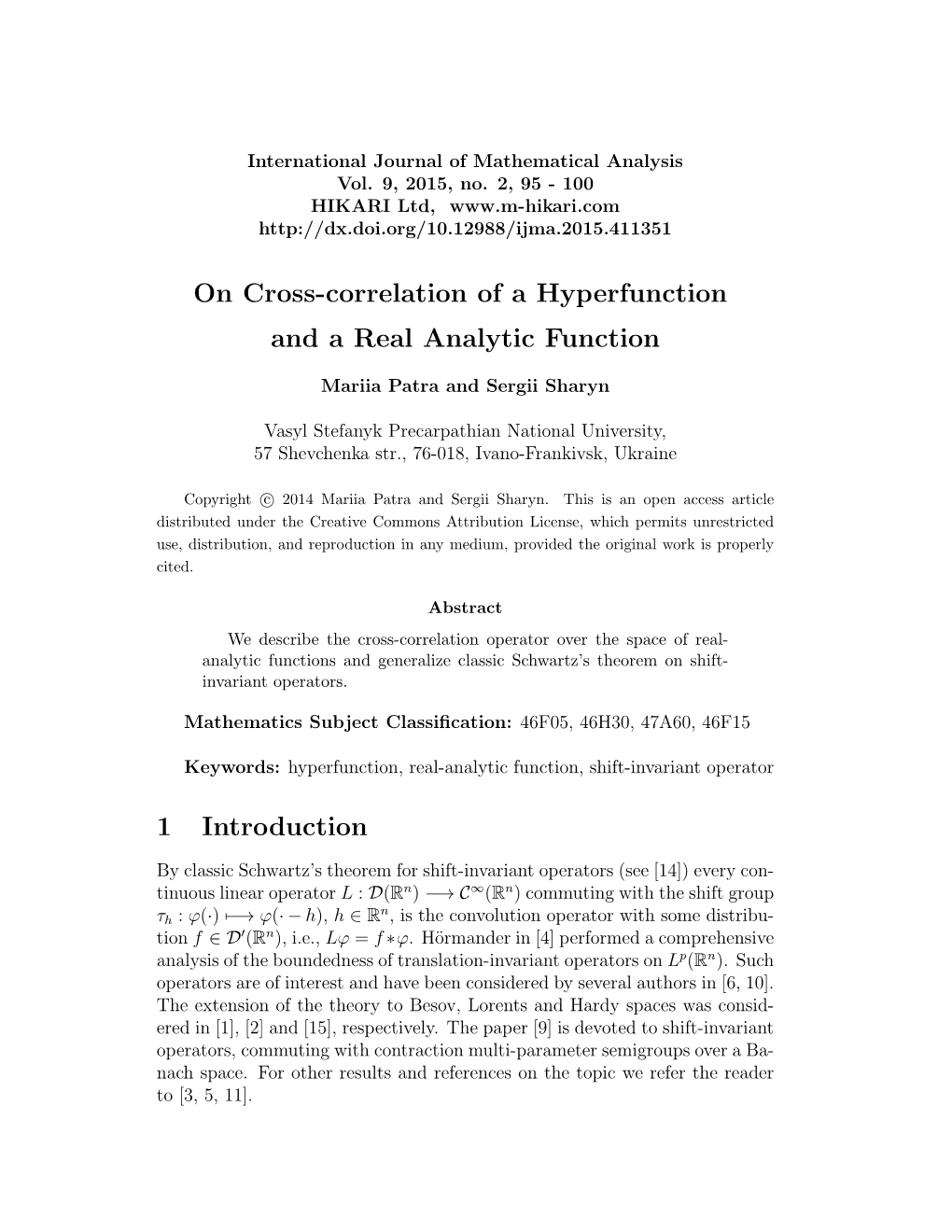 On Cross-Correlation of a Hyperfunction and a Real Analytic Function 1 Introduction