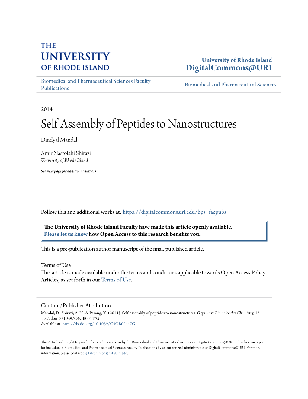 Self-Assembly of Peptides to Nanostructures Dindyal Mandal