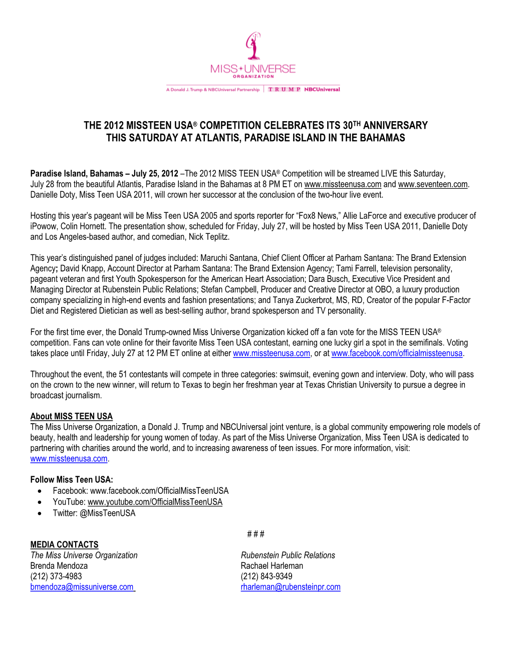 The 2012 Missteen Usa® Competition Celebrates Its 30Th Anniversary This Saturday at Atlantis, Paradise Island in the Bahamas