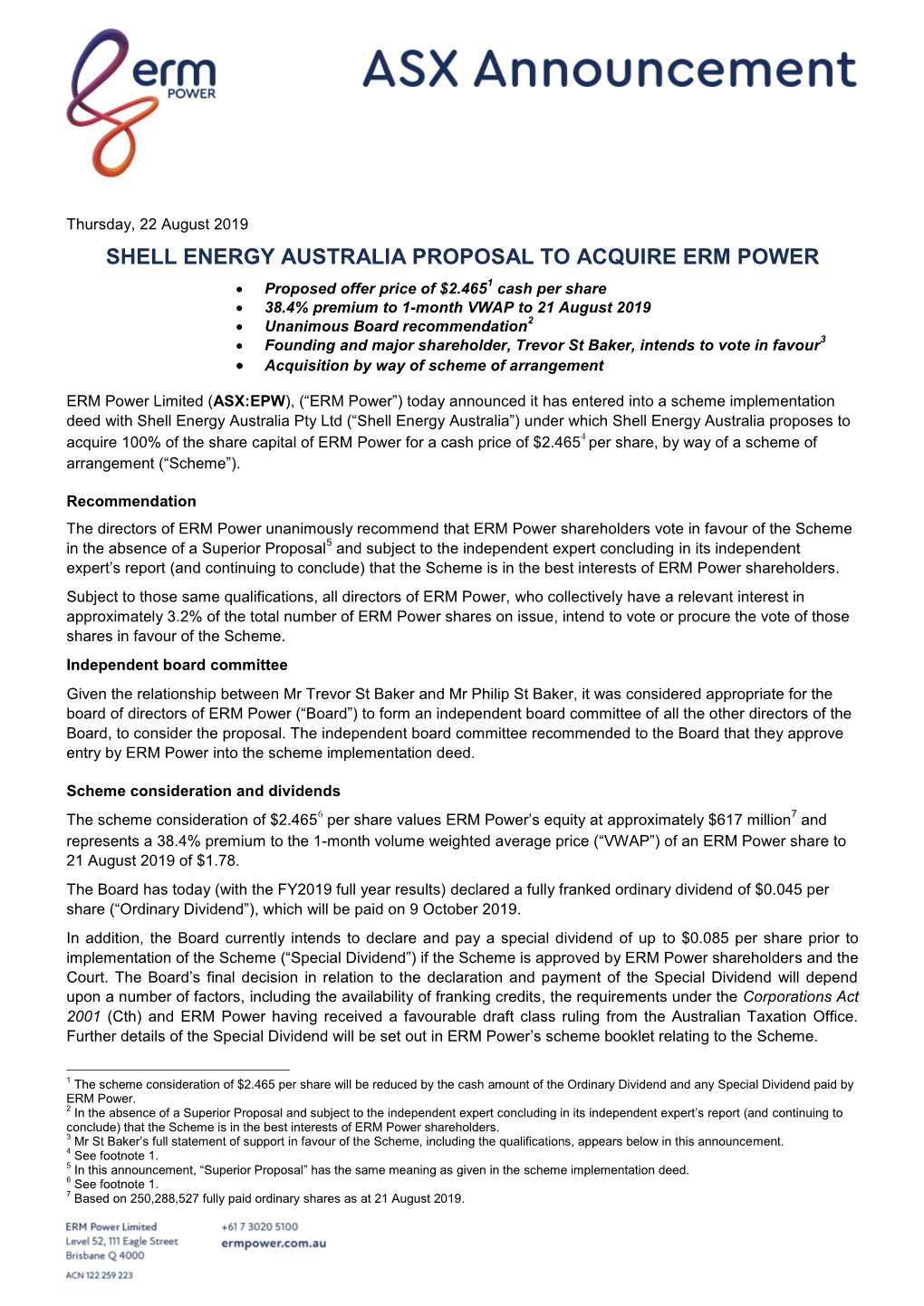 Shell Energy Australia Proposal to Acquire Erm Power