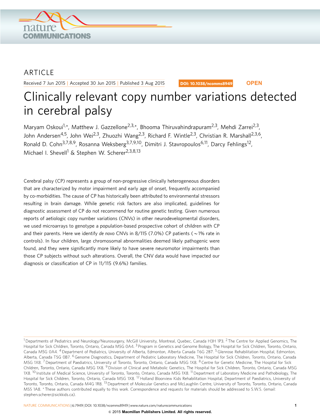 Clinically Relevant Copy Number Variations Detected in Cerebral Palsy